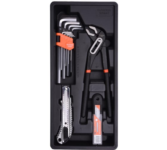 520647 Набор инструментов 21 предмет: клещи переставные, ключи имбусовые, нож с лезвиями // HARDEN