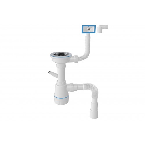 M104-7 Сифон для нерж.мойки с выпуском 3 1/2 с прямоуг. переливом, с отводом для стир.маш.(20)