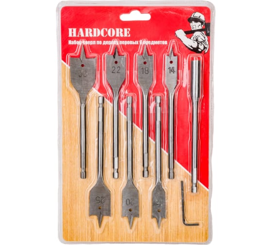 Набор сверл по дереву перовых 9 предм.:14-16-18-20-22-25-30х152мм,удл-ль,ключ угл."Hardcore" 160009