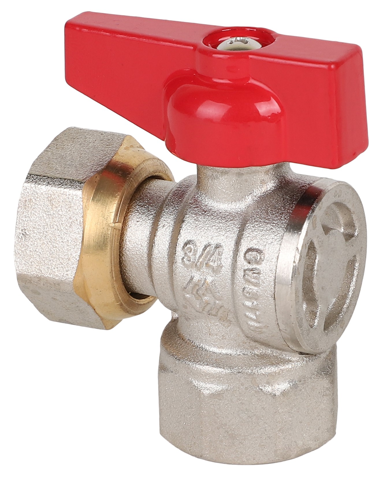 BV.532.04 Кран шаровый полнопроход. угловой с накидной гайкой MVI 1/2", внутренняя-внутрення,бабочка