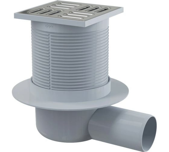 APV1  Сливной трап 105 × 105/50, подводка – боковая, решетка – нержавеющая сталь, гидрозатвор – мокр