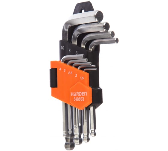 540603 Набор ключей имбусовых шестигранных HEX, 1,5–10 мм, CrV, 9 шт. с шаром// HARDEN