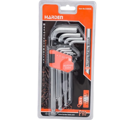 540606 Набор ключей имбусовых шестигранных HEX с шарообразной головкой, 18 см., CRV,  9 шт.// HARDEN