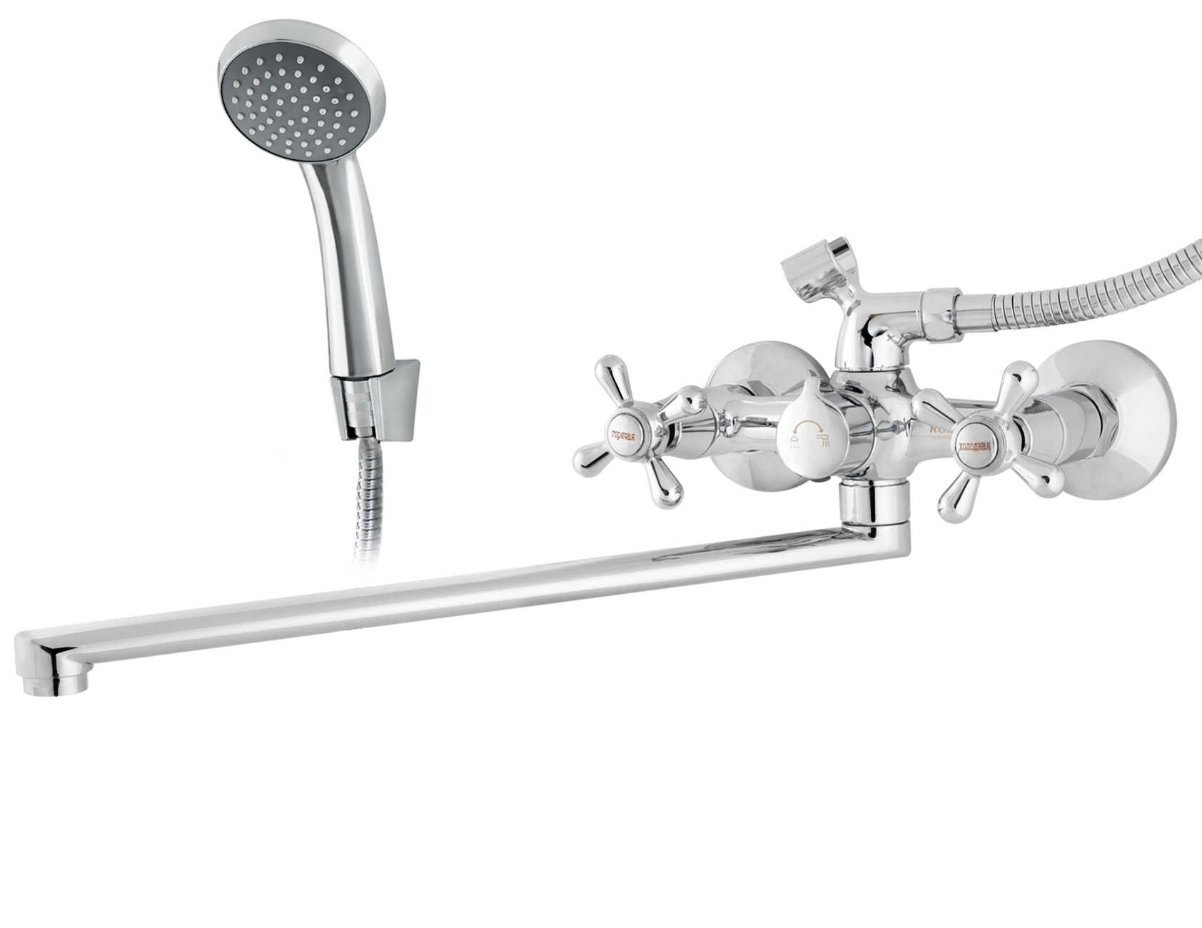 Смеситель ванна,латунь,хром,картридж D22, излив L-обр. 35 см. 11-86